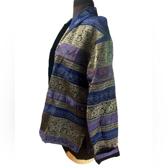 Vtg 90s Chicos Silk Artsy Boho Metallic Striped Glam Button Eclectic Jacket M - Picture 3 of 7